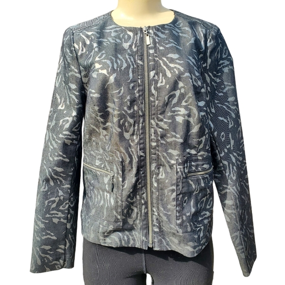 Dana Buchman Denim Blazer Jacket Front Zip O Neck Exotic Metallic Print Womens 4 - Picture 1 of 12